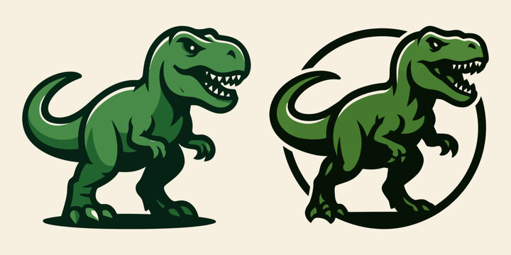 Cartoonish green T‑rex dinosaur with circle backdrop.