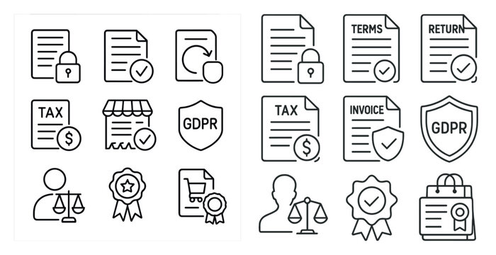 Set of icons for various legal documents, including tax forms, GDRP, GDPR, and other legal documents. The icons are all in black and white and are arranged in a grid