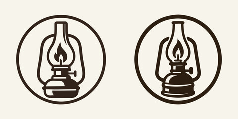 Vintage kerosene lantern icon with flame inside circle frame.