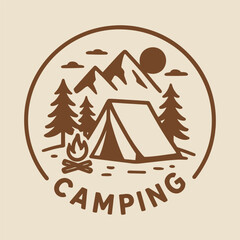 Camping emblem with tent, mountains and fire illustration.