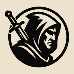 Warrior head with hood and sword in vintage game style.