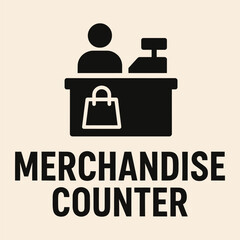 Cashier counter with bag and customer icon in silhouette.