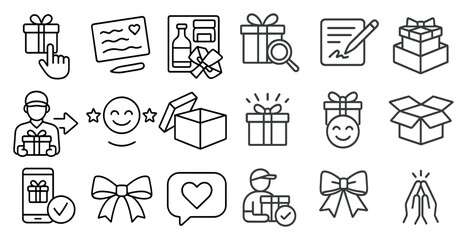 Set of icons for a gift delivery service. The icons include a smiling man holding a box, a man with a bow on his head, a man with a smiley face, a man with a heart