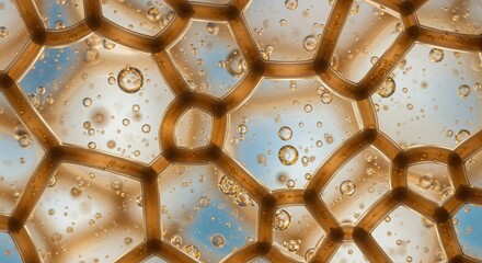Abstract close up of golden oil bubbles forming hexagonal shapes with clear liquid background