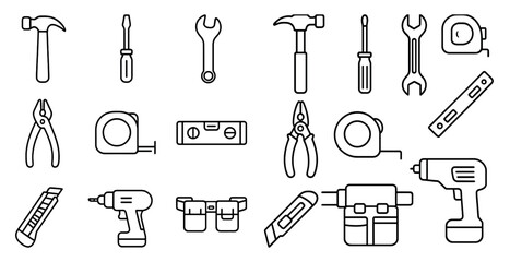 Collection of tools and equipment, including a hammer, screwdriver, and pliers. Concept of organization and preparedness for a project or repair
