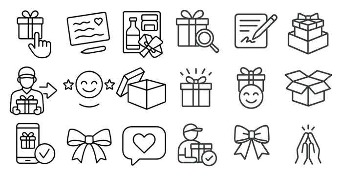 Set of icons for a gift delivery service. The icons include a smiling man holding a box, a man with a bow on his head, a man with a smiley face, a man with a heart