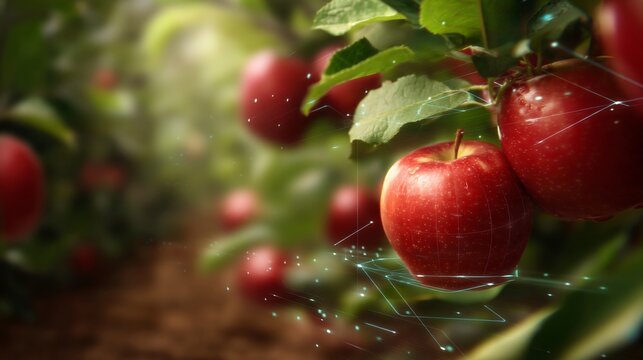 augmented reality overlay on apple orchard showing temperature, moisture, disease risk