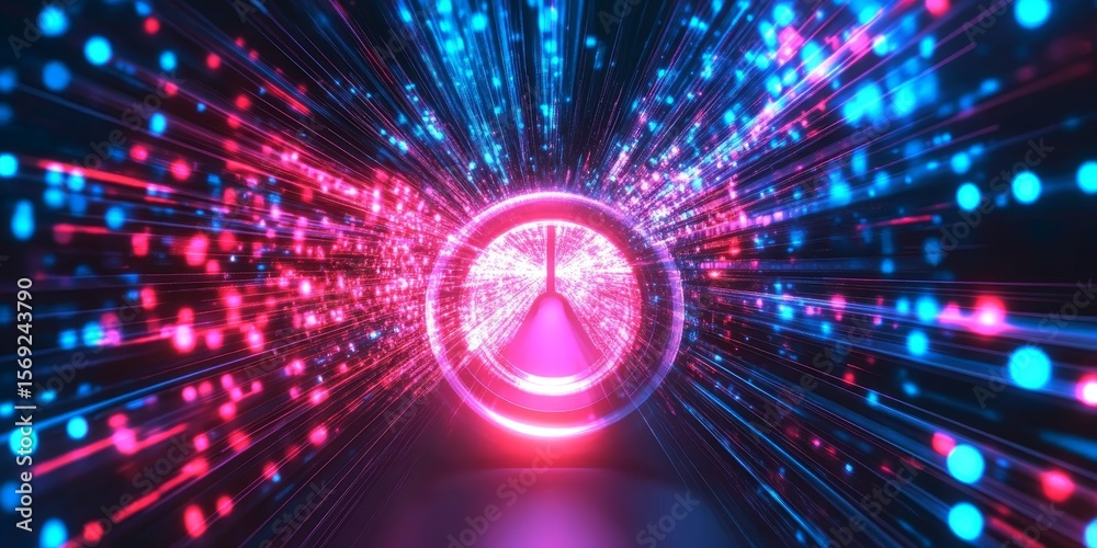 Poster futuristic neon tunnel with data streams and sci-fi portal design for technology projects