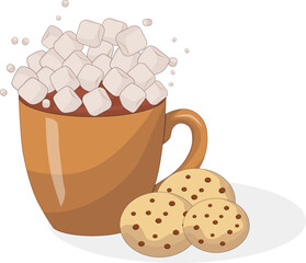 Brown mug of cocoa with marshmallows and chocolate chip cookies. Vector isolated image on transparent background.
