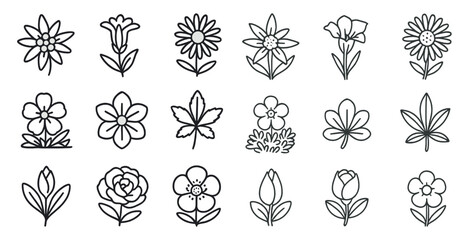 Set of flower icons in black and white. The flowers are drawn in a stylized way, with some having leaves and others having petals. Scene is calm and serene, with the flowers representing nature
