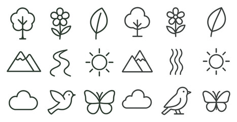 Series of icons depicting various elements of nature, including trees, flowers, mountains, and birds