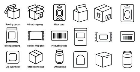 Set of boxes and packages with a white background. The boxes are of different sizes and shapes