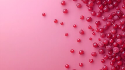 3D render of red gumballs scattered across a pink background, creating a playful, textural composition.