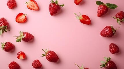 Photograph of fresh strawberries arranged on a pink background, showcasing their vibrant red color.