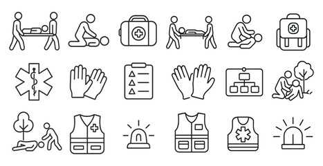Series of medical icons including a doctor, a nurse, and a first aid kit. The icons are drawn in a simple, stylized way