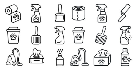 Set of cleaning supplies with a paw print on them. The supplies include a vacuum, a mop, a broom, a dustpan, a toilet brush, a toilet paper roll, a spray bottle, a bottle of cleaner