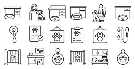 Set of images of various things related to pets, including a dog, a dog bed, a dog bowl, a leash, and a dog crate