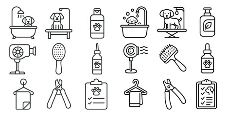 Set of dog grooming tools and accessories. The image is of a dog grooming salon. The tools include scissors, clippers, and a brush. The accessories include a bottle of shampoo