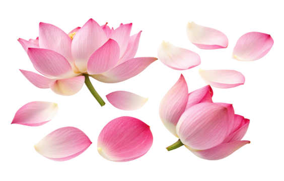 Elegant pink lotus blossoms and petals on a soft background creating natural beauty and serenity