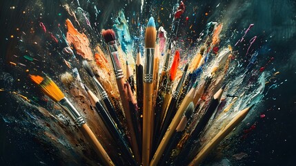 Digital illustration of paintbrushes exploding in a vibrant, dynamic splash against a dark background.