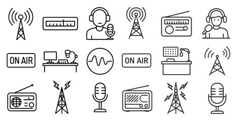 Collection of radio station icons, including a microphone, a radio, and a person wearing headphones