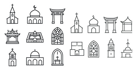 Collection of religious buildings including churches, mosques, and synagogues. The buildings are all drawn in a simple, stylized way