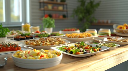 Photograph of a diverse spread of appetizers and dishes arranged on a wooden table, illuminated by natural light.