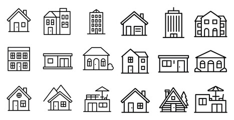 Set of house icons in a row. The icons are all different sizes and shapes, but they all have a similar design. Scene is calm and peaceful, as the houses are all simple and uncluttered