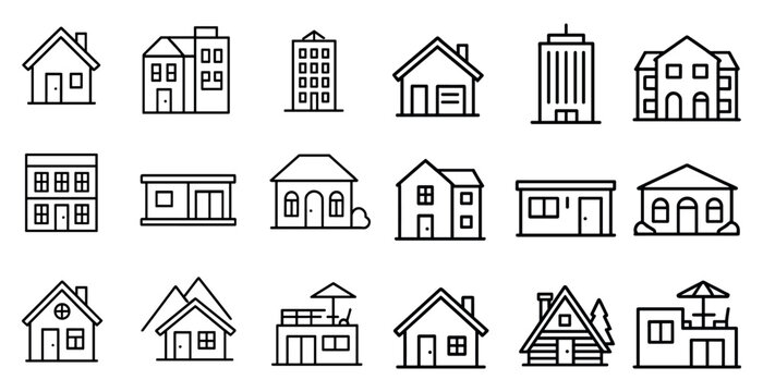 Set of house icons in a row. The icons are all different sizes and shapes, but they all have a similar design. Scene is calm and peaceful, as the houses are all simple and uncluttered