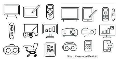 Collection of smart classroom devices. These devices include a tablet, a computer, a projector, a remote control, a keyboard, a mouse, a cell phone, a smart watch, a smart speaker, a smart pen