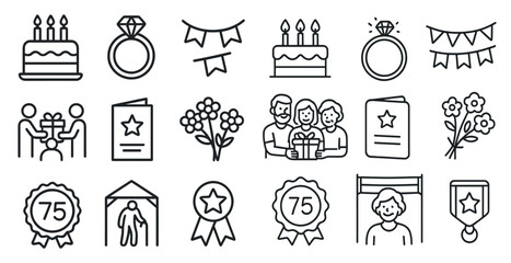 Collection of symbols and icons for various occasions, including a cake, a ring, and a star