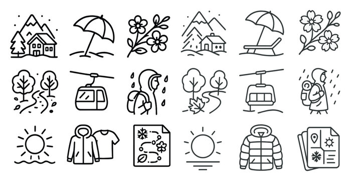Series of images of people and objects that are related to the outdoors and winter. The images include a house, a mountain, a tree, a flower, a ski lift, a backpack, a jacket, a hat, a scarf
