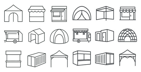 Series of tents and other structures are shown in a line. The tents are of various sizes and shapes, including a large tent and a small tent