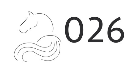 2026 with horse silhouette line art, sketch hand drawn. Gold design icon. Celebration concept. New year decoration minimal design element. 