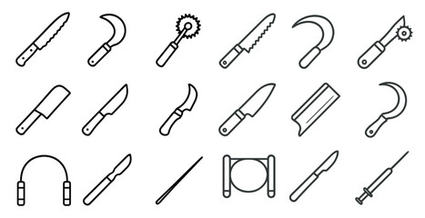 Set of kitchen knives and other utensils are shown in a line drawing. The knives are of various sizes and shapes, including a serrated knife, a chef's knife, and a paring knife