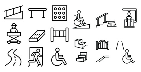 Series of icons depicting various activities and objects, including a wheelchair, stairs, and a ramp