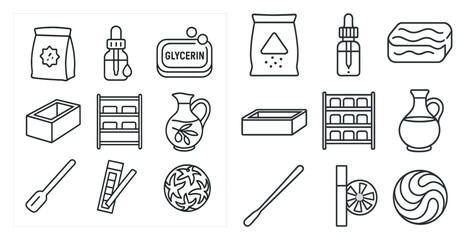 Set of objects that are related to personal care and hygiene. The objects include a toothbrush, a bottle of glycerin, a bottle of soap, a bottle of lotion, a bottle of shampoo