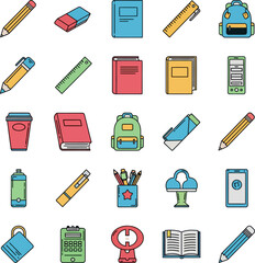 Colorful School Supplies Icons: Pencils, Books, Backpacks, and Technology