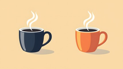 Digital illustration of two coffee mugs, one black and one orange, with rising steam.
