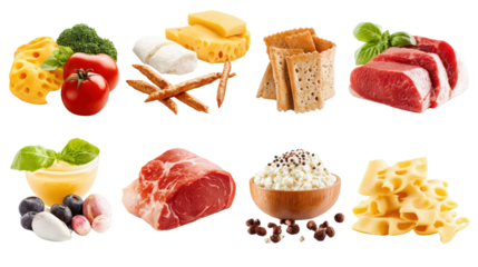 Five food categories with name labels and food images Transparent background, PNG