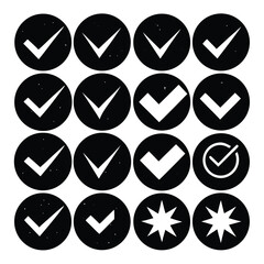 Collection of diverse check mark icons in black circles with textured background