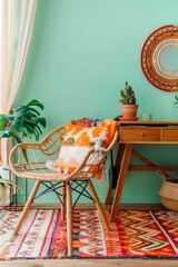 A bohemian-inspired home office with a wicker chair, a wooden desk, and colorful textiles against a green wall
