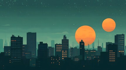 Digital illustration of a silhouetted cityscape under two large, bright orange suns.