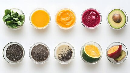 Photograph of six clear plastic cups containing various smoothies and juices on a white background.