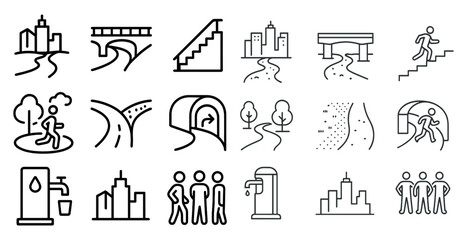 Series of icons depicting various city scenes, including a person walking, a person running, and a person standing