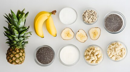 Top-down photograph showcases tropical fruitsâ€”pineapple, bananas, chia seeds, oats, and sugarâ€”arranged on a white...