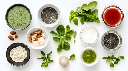Photograph of a flat lay arrangement featuring various healthy ingredients and herbs on a white background.