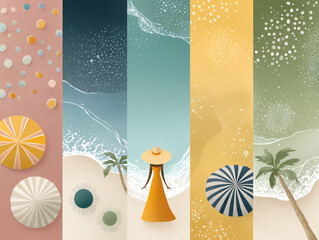 Serene Beach Moodboard: Vertical Pastel Strips of Sand, Sea and Tropical Elements