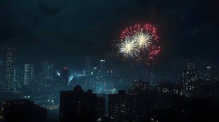 Photograph of fireworks exploding over a cityscape at night.