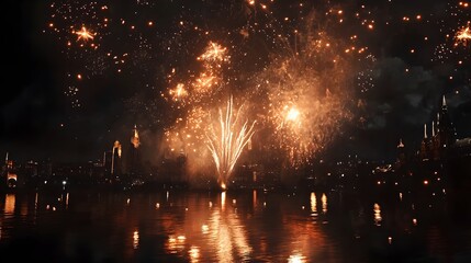 Photograph of fireworks illuminating a dark cityscape reflected in a calm waterway.